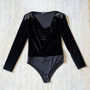 ZARA BEADED SHOULDER VELVET BODYSUIT